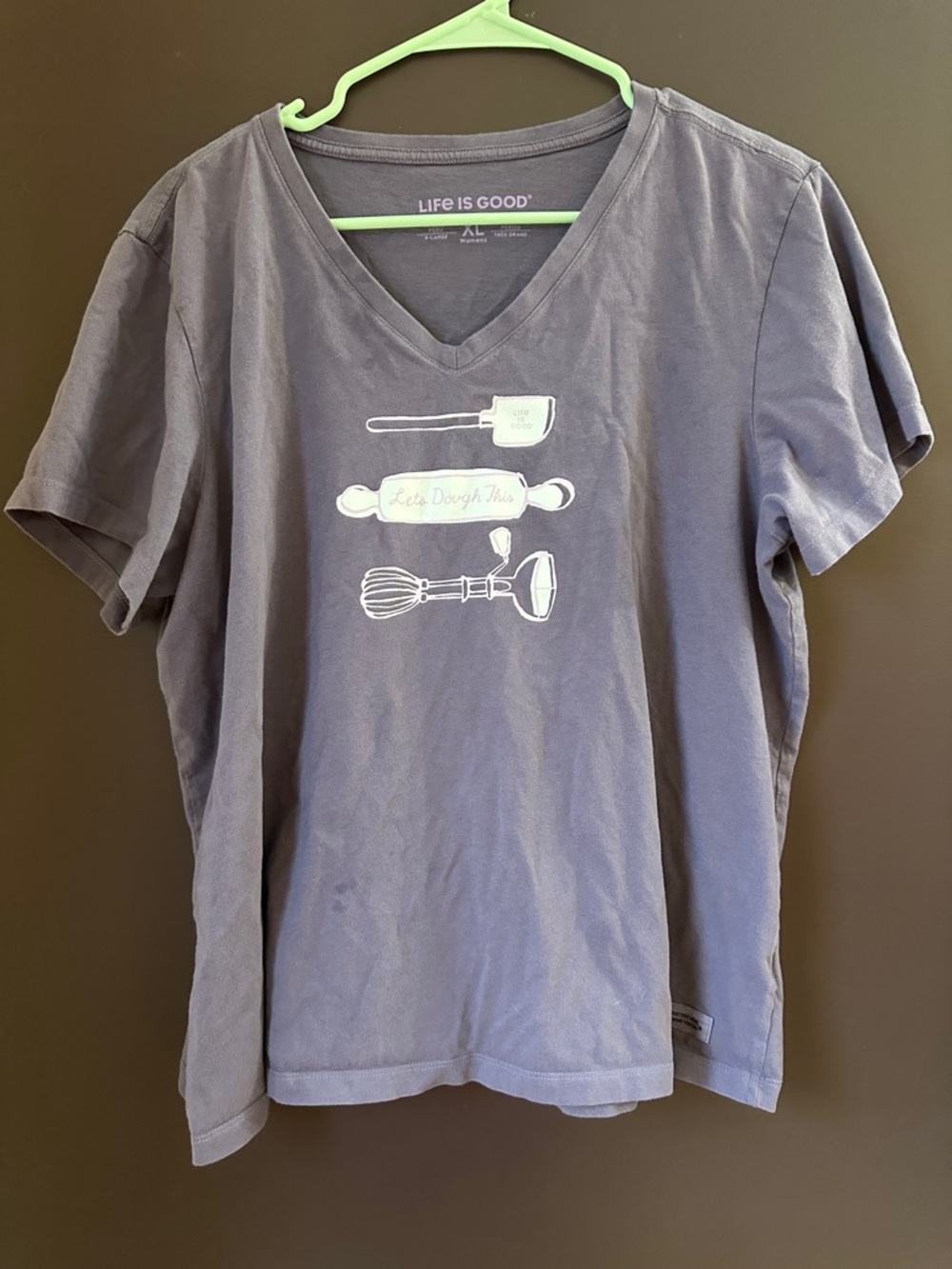 Life Is Good Gray V-Neck Tee with Kitchen Tools Graphic